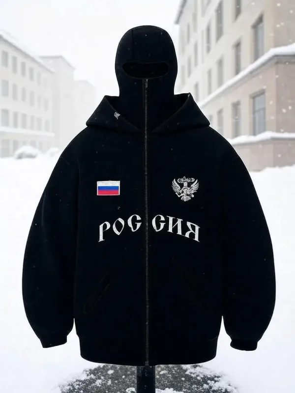 Hip Hop Face Cover Hoodie Unisex Loose Black Zip Up Sweatshirt Eagle Flag Printed Design — image 4