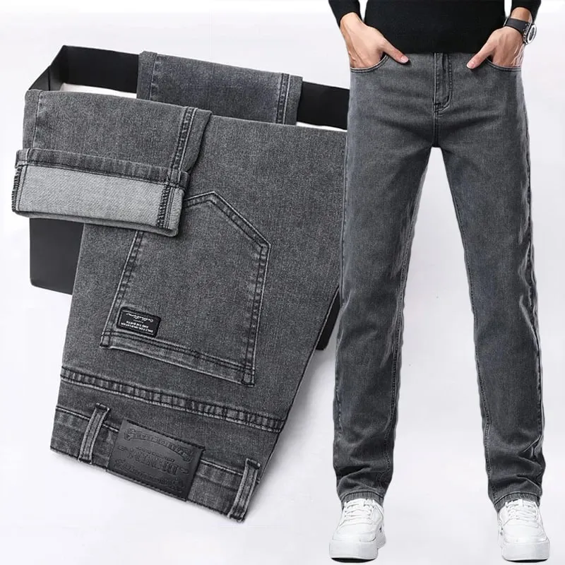 Spring New Men's Slim Fit Elastic Jeans Fashion Gray Comfortable Casual Denim Pants Korean Business Work Straight Black Trousers — image 2