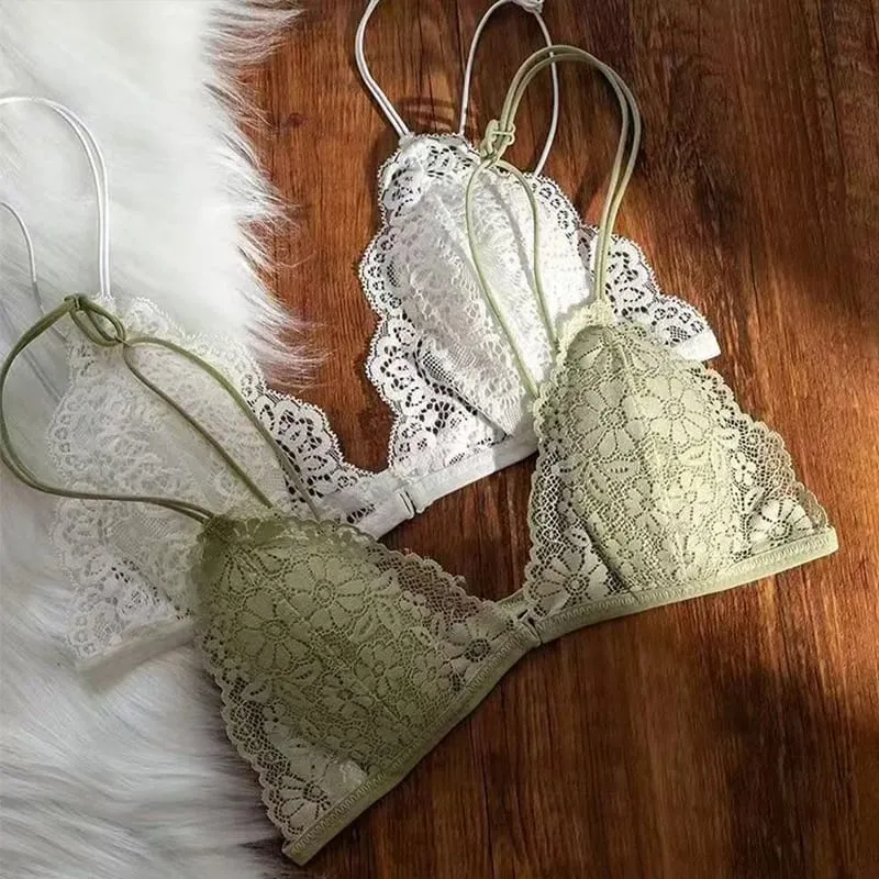French Style Sexy Lace Thin Triangle Bra With Front Button Women's No Steel Ring Wireless Lingerie Underwear Beautiful Back Bra — image 3