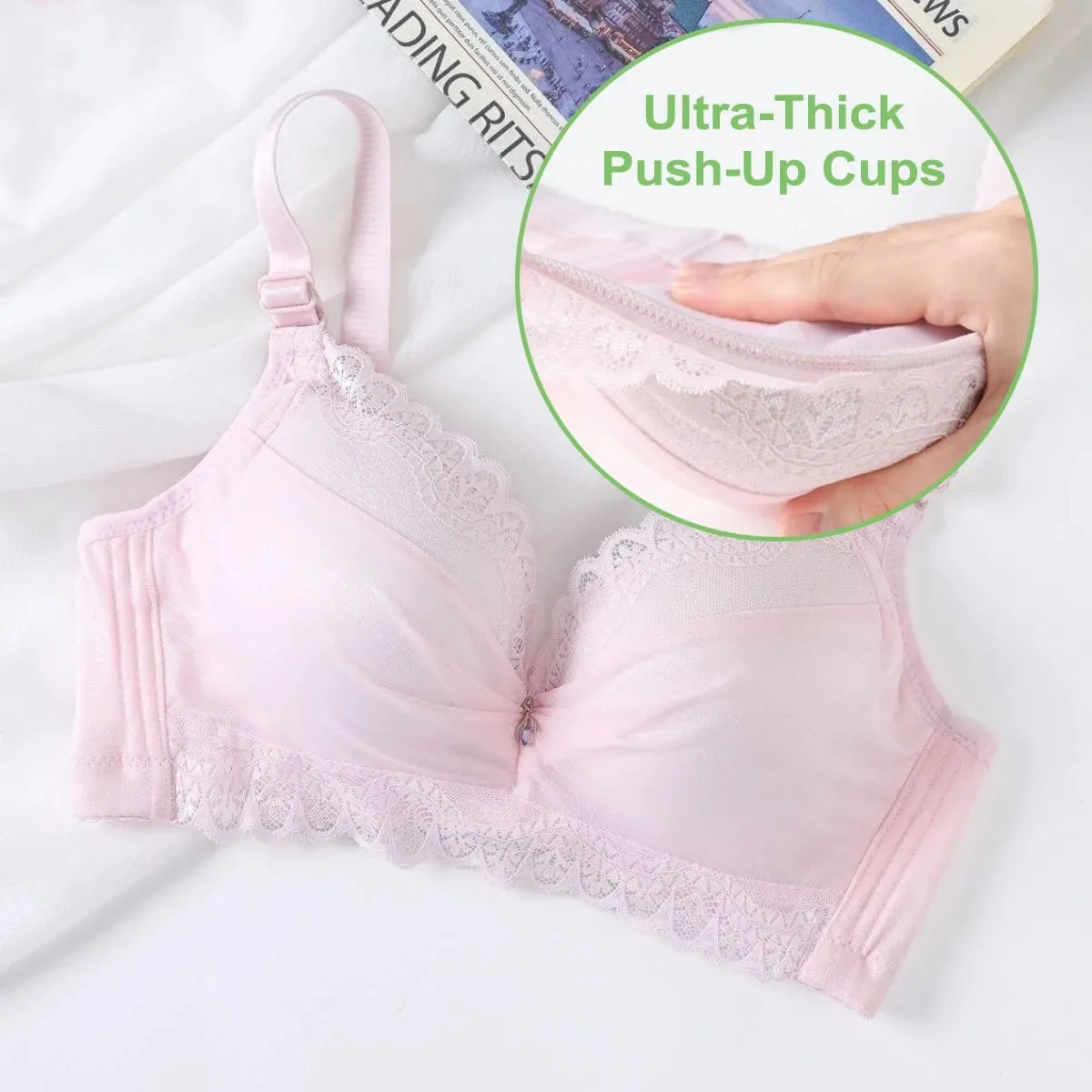 Ultra-Thick Push Up Bra with Side Support 8cm Thick Cups Lace Gathered Lingerie Wireless Full Coverage Bra for A/B Cup — image 2