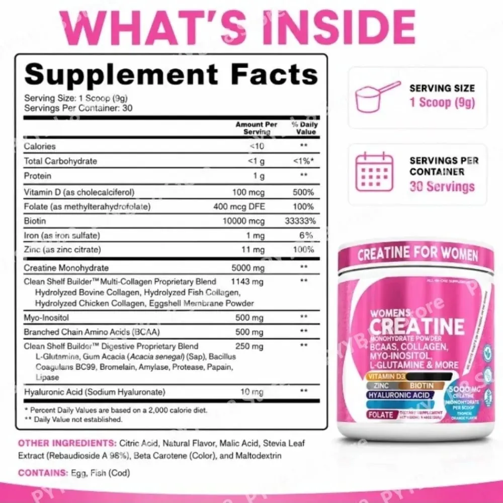 Women's Creatine Monohydrate Powder 5000mg BCAA Multi-Collagen Biotin Vitamin D3 Tropical Orange Sports Nutrition 30 Servings