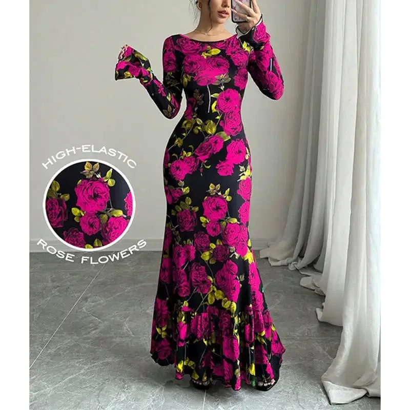 Elegant Rose Printed Maxi Dress O Neck Long Sleeves Bodycon Fishtail Dress Figure Slim Rose Floral Pattern Adds Charm Long Dress — image 8