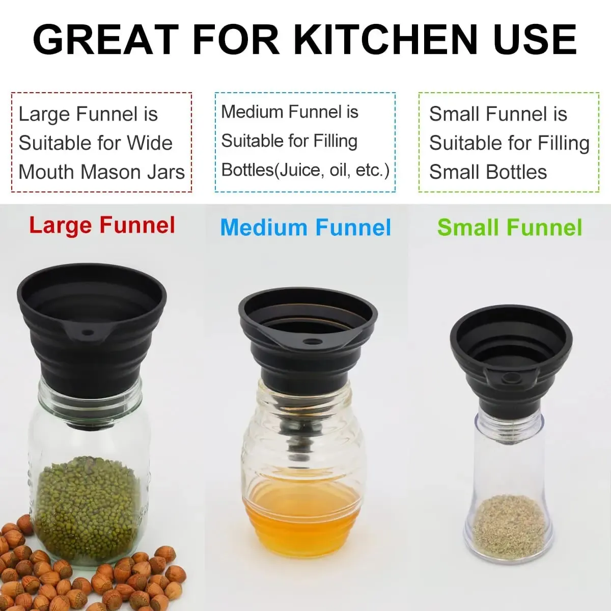 Kitchen Use Funnel for Filling Bottles Small Wide Mouth Silicone Collapsible Funnel Set for Transferring Liquid Powder Transfer