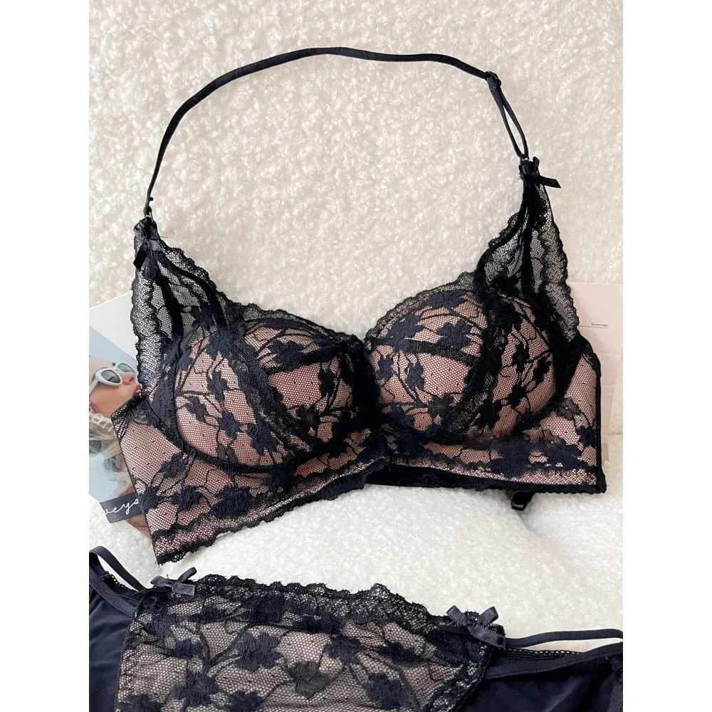 Sweet Halter Neck Bow Lace Wireless Bra Padded Push‑up Brassiere Ladies Layering Intimate Lingerie for Small Bust Size 32‑38 ABC