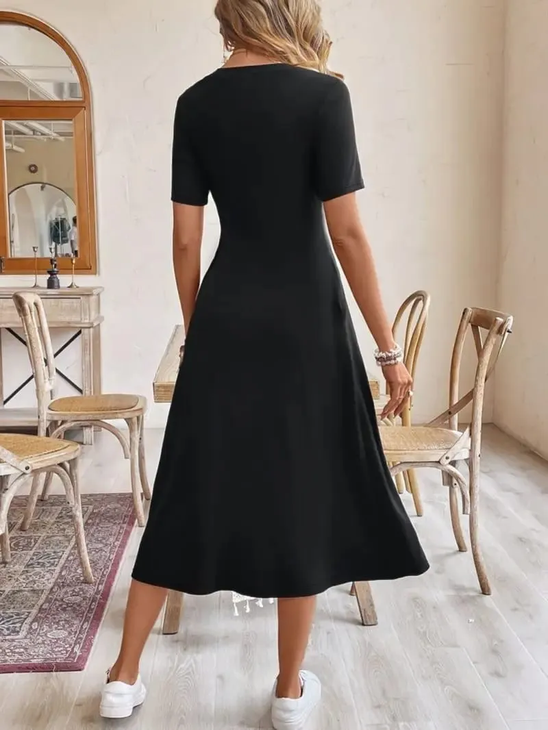 Slim Round Neck Short Sleeve Hanging A-Line Mid Length Skirt Daily Commuting Dress Simple And Elegant Women's Fashion — image 3