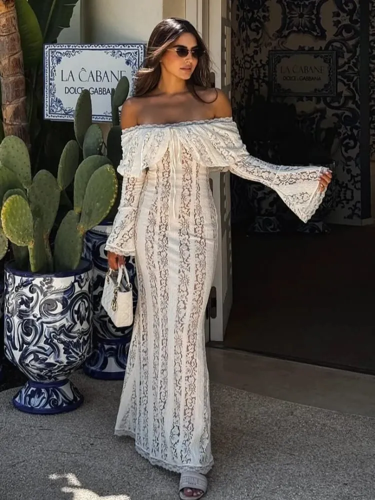 White Lace Patchwork Long Dress Women's Pleated Ruffle Sleeve Off shoulder bodycon See Through Vestidos 2025 Lady Party Gowns — image 2