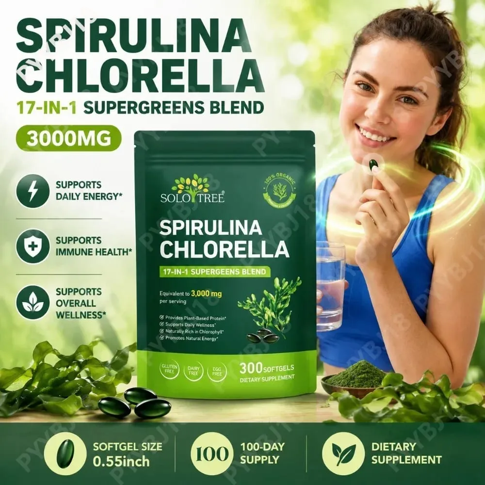 Gel Lembut Spirulina Chlorella Pokok Solo dengan Mikroalga Organik Vitamin B6 B12 Imbangan Penghadaman & Sokongan Imun 300 Gel Lembut