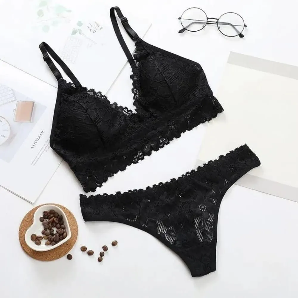 V Neck Lace Flower Bra Set Thong Solid Color Floral Panties Bra Kit Low Waist Lingerie Lace Underwear Valentine's Day Gift