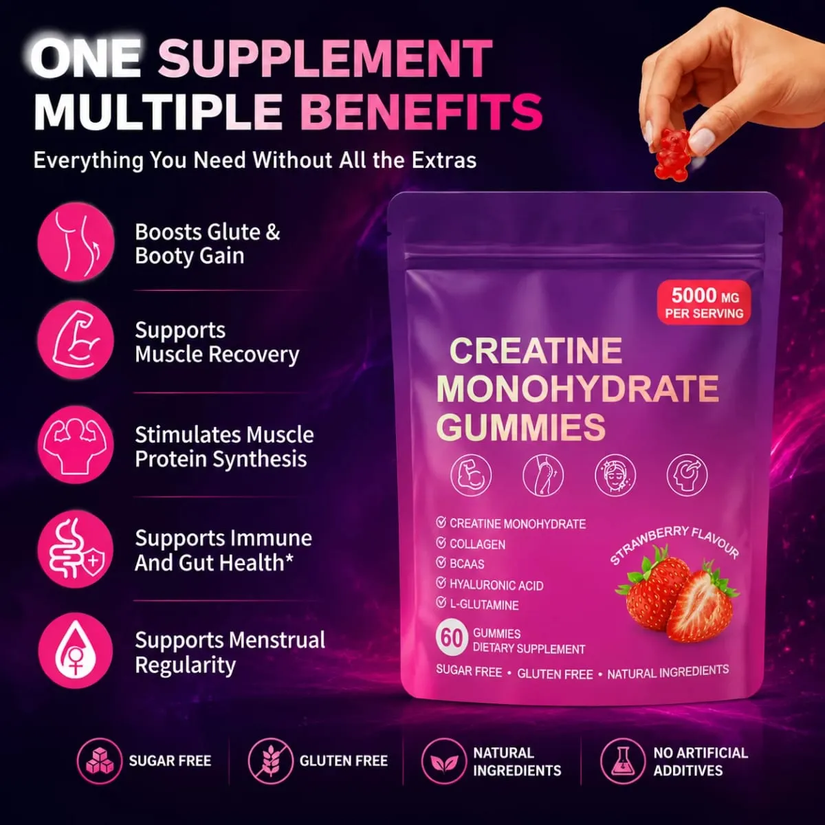 Creatine Gummies with Collagen BCAA Hyaluronic Acid Vitamin D3 Zinc Fitness Supplement for Active Adults Workout Support Sugar — image 5