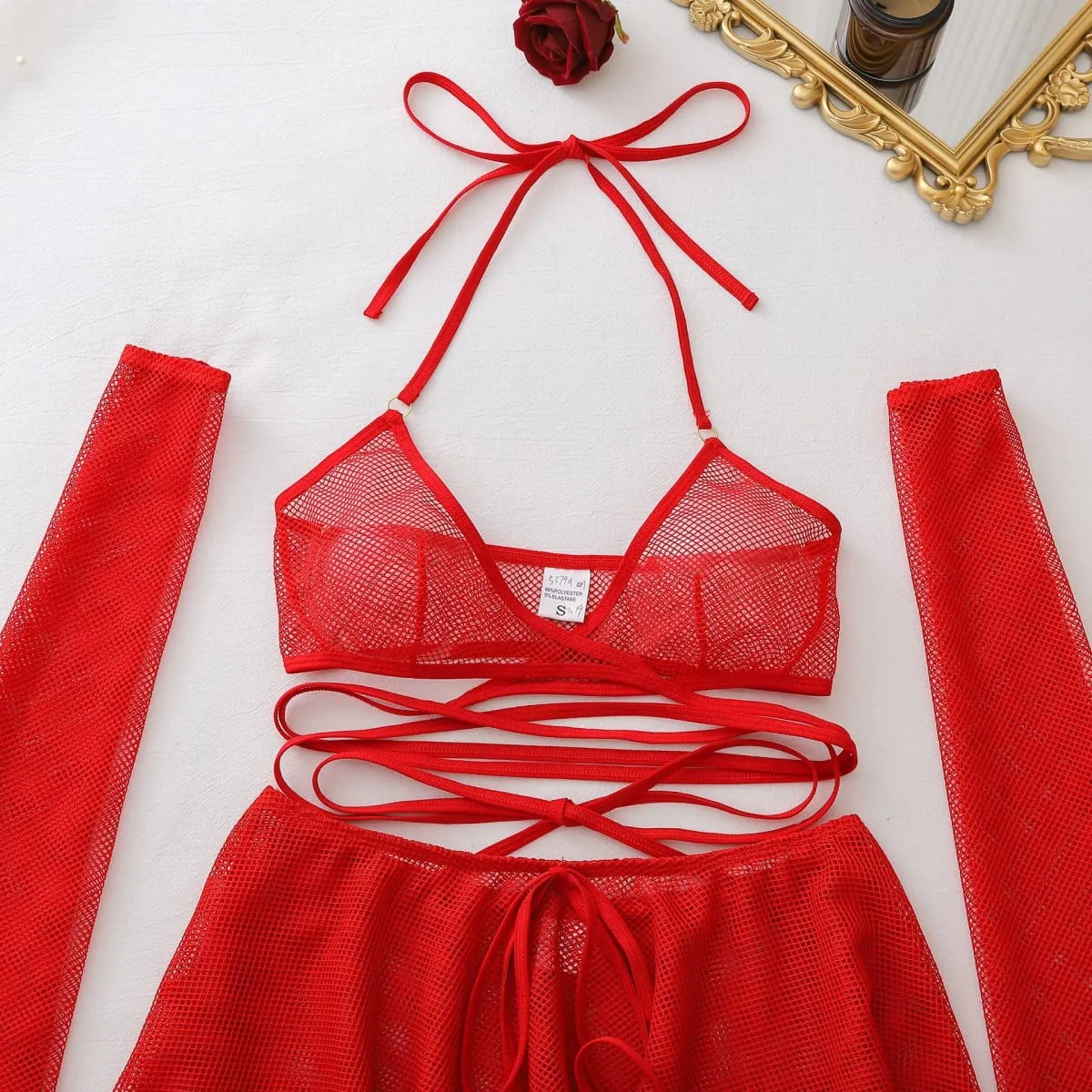 Sexy hot Lingеrie Trendy new comfortable and breathable fishnet sexy halter body-shaping lingerie set with sleeves — image 3