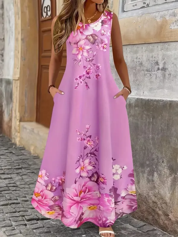 2026 New Women's Dress Fashion Floral Print New Sleeveless Design Dresses Summer Outdoor Beach Vacation Ankle Long Women's Dress — image 3