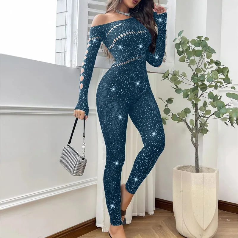 Kvinder Sexet Mesh Rhinestone Jumpsuit Langærmet Se Through High Stretch Body Strømper Jumpsuit Club Plus Size Stock Lingeri — image 8