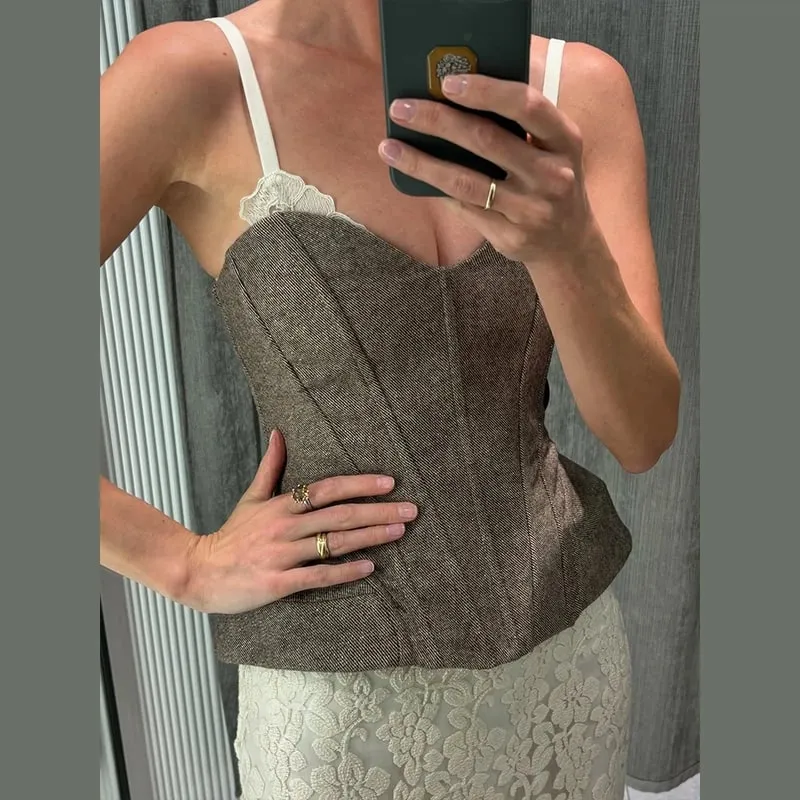 Vintage Floral U Neck Spaghetti Strap Corset Cami Top Curved Hem Fitted 2026 Summer Women Slim Tank Causla Versatlie Lady Top
