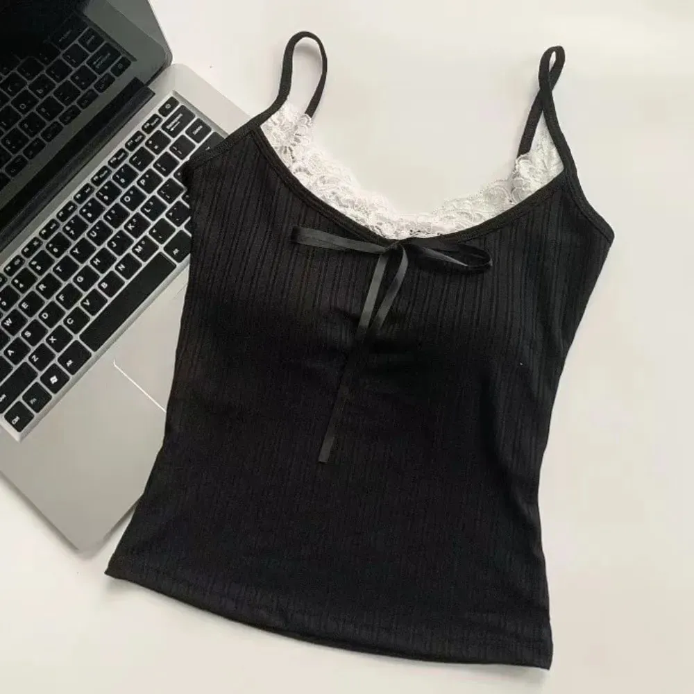 เอว cinching แขนกุด Slim Lace Crop Top Y2k สีทึบ Camisole พร้อมแผ่น Bottoming เสื้อ Sweet Lace Patchwork Vest Lady