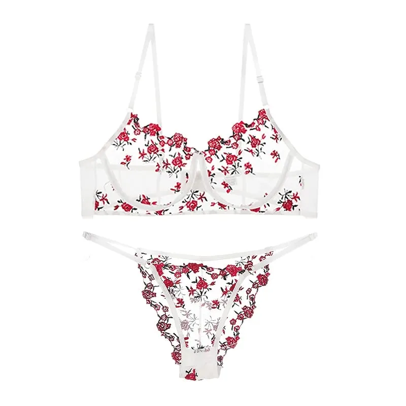Women Floral Embroidery Sheer Mesh Lingerie Set Underwire Bra and Briefs Adjustable Straps Ladies Intimates Suit