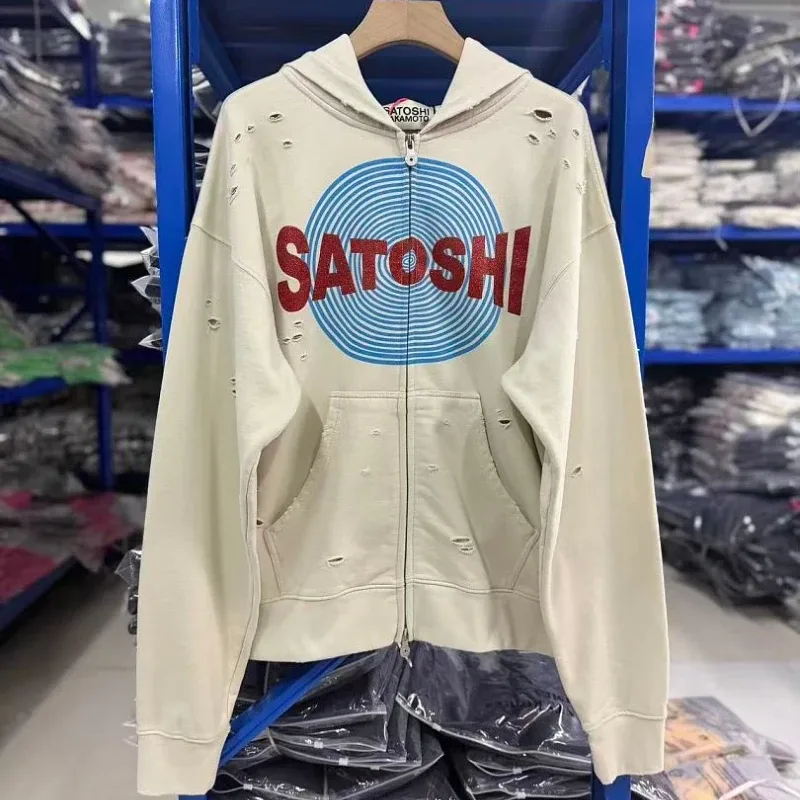 New Arrival Satoshi Zip Hoodie Destroyed Hole Design Loose Cotton Casual Outdoor Jacket Tops