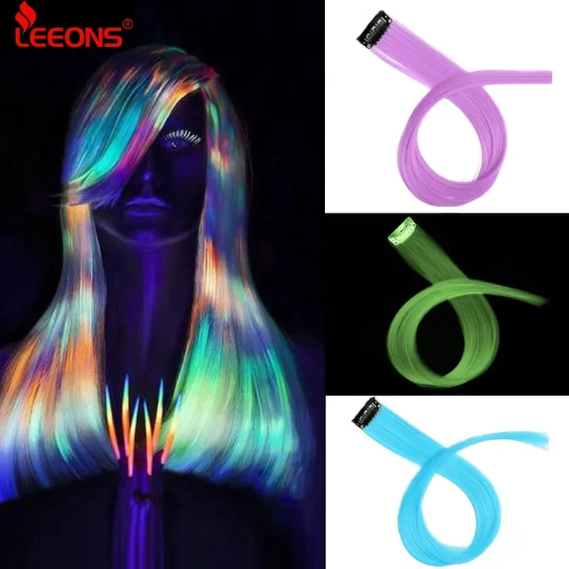 Leeons Clip In One Piece Przedłużanie włosów Prosto Ombre Fioletowy Niebieski Różowy Przedłużanie włosów Kobiety Syntetyczne sztuczne sztuczne włosy