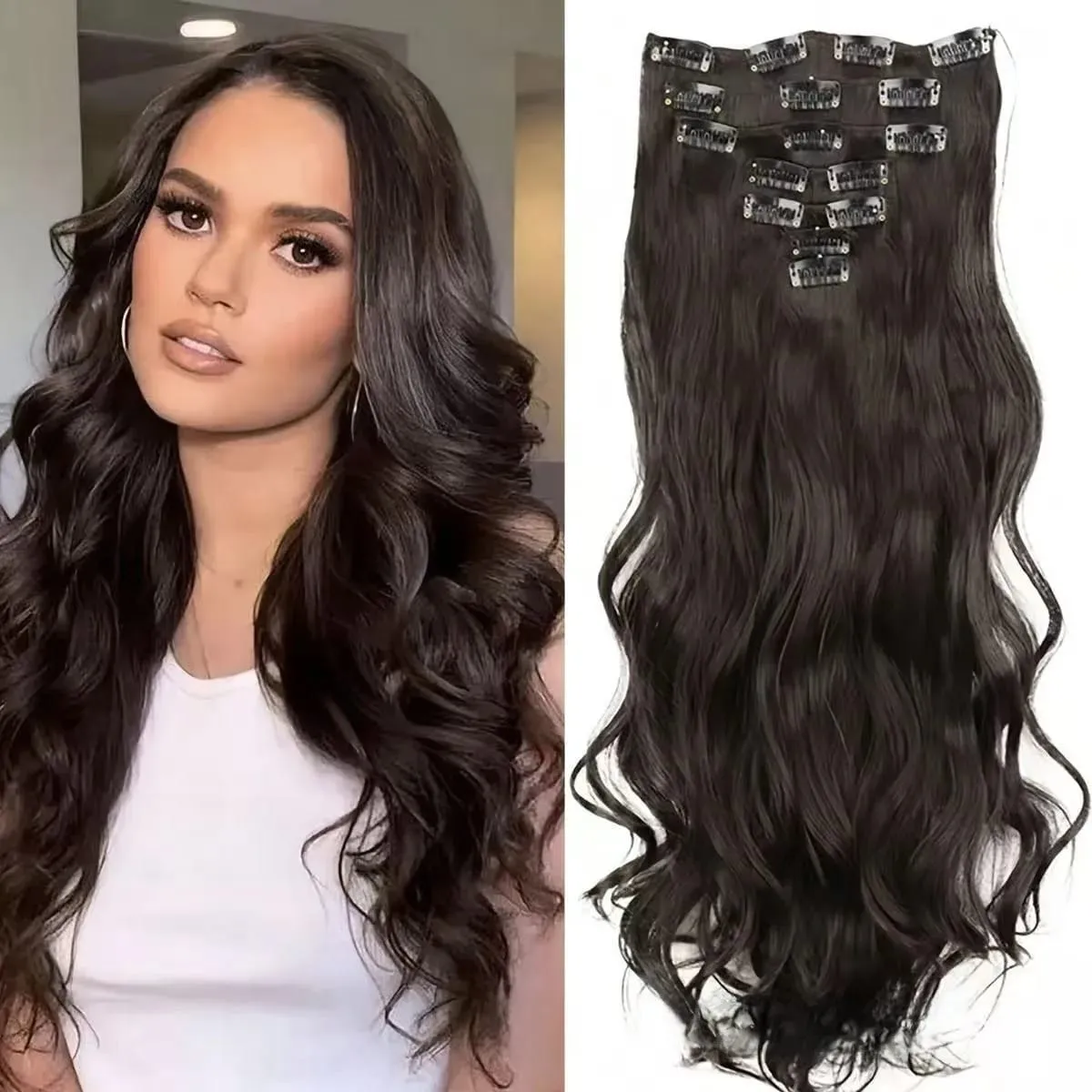 7 Clips In Hair Extensions Long Wave Hairstyle Blck 60-71cm Natural Synthetic Hair Daily Use Hairpiece For Women