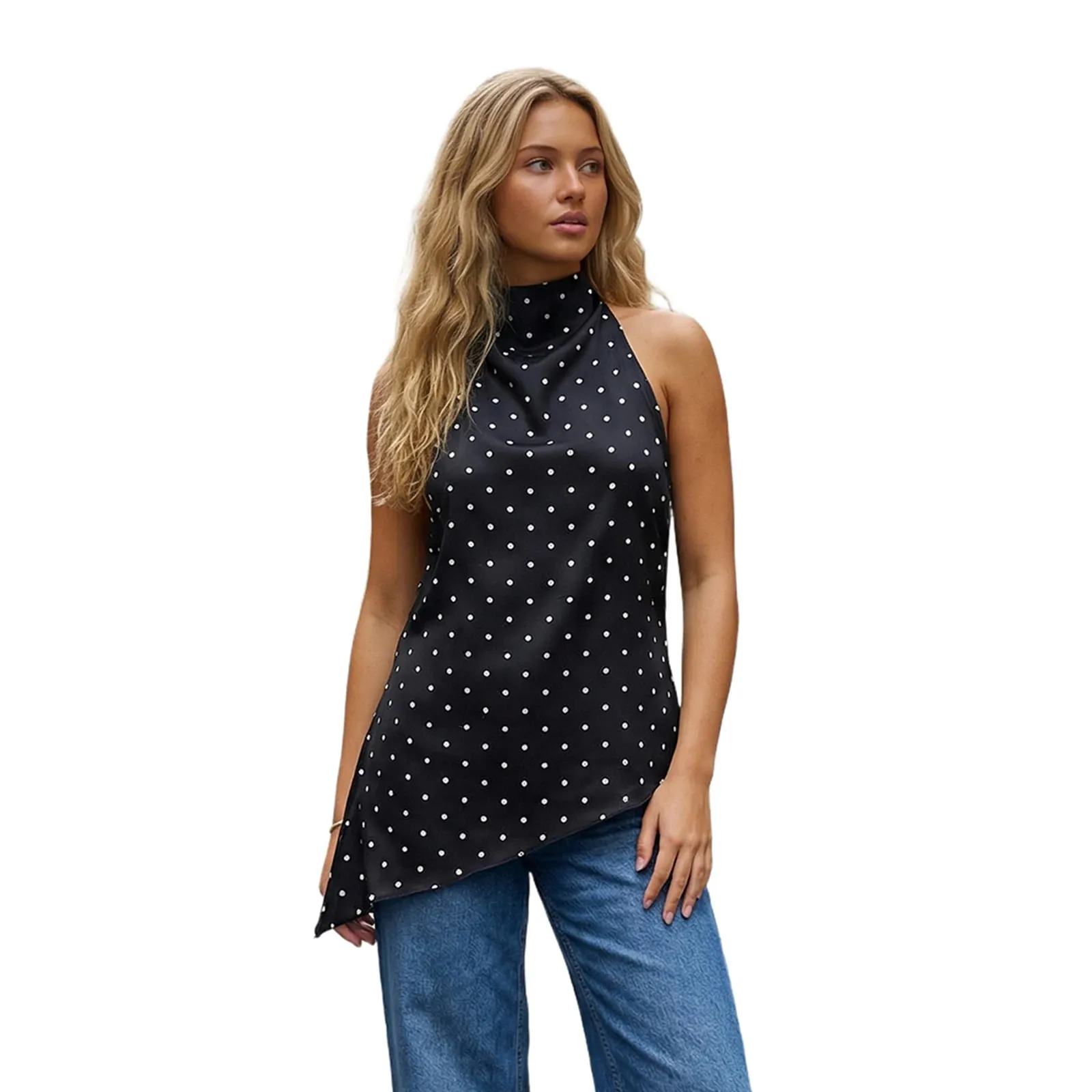 Women Summer Vintage Dot Print Asymmetric Hem Halter Neck Tanks Tops Sleeveless Backless Slim Fits Tunic T-Shirts Streetwear