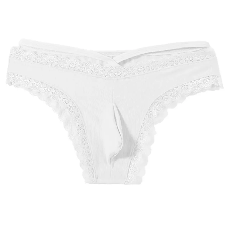 Hommes dentelle Rrim Sissy Gay slips sans couture sous-vêtements taille moyenne poche bombée Lingerie solide hommes dentelle bord Lingerie