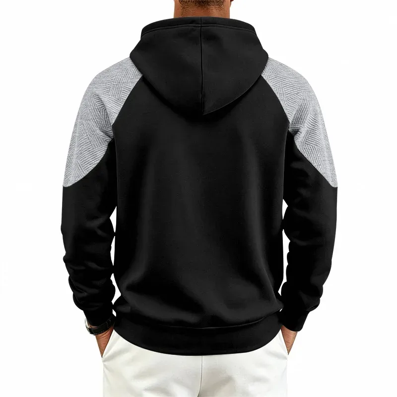 Autumn Winter Men Color Block Raglan Hoodie Textured Chest Panel Drawstring Kangaroo Pocket Loose Casual Streetwear Sweatshirt
