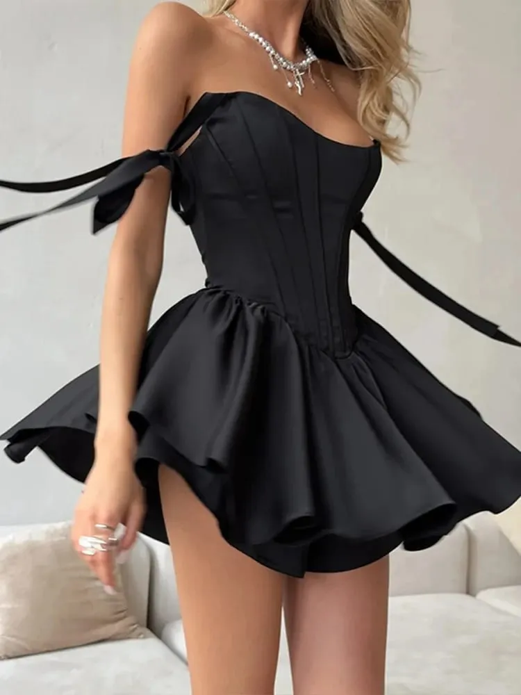 Sexy Fish Bone Waist Cinching Dress Women's Slim Solid Lace Up Square Collar Pleated Dresses Summer Lady Fashion Robes — image 5
