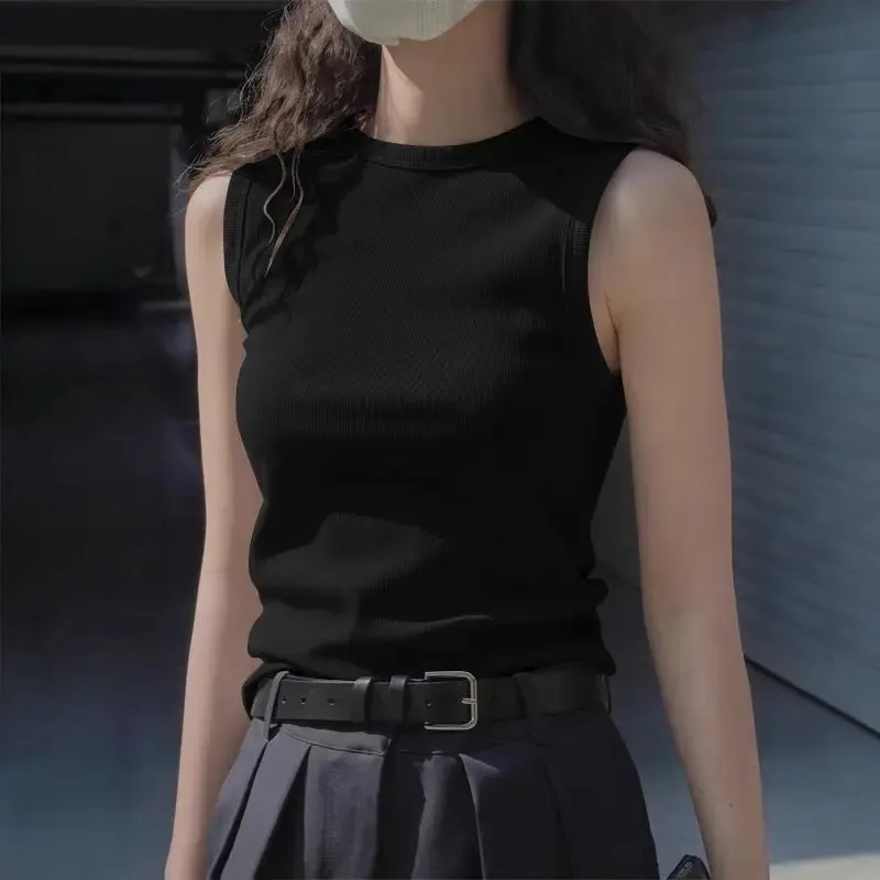 Ladies' Summer Fashion Round Neck Sleeveless Vest Soft Solid Color Suspender Korean Version Slim Fit Versatile Women's Clothing