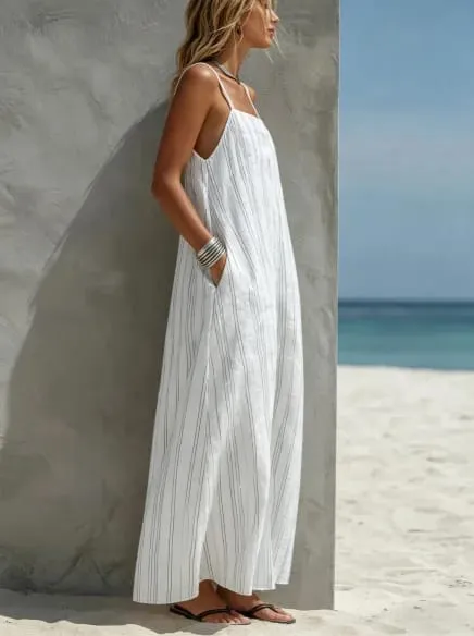 Summer New Striped Casual Camisole Sleeveless Strap Strip Pocket Women Maxi Dress Dresses