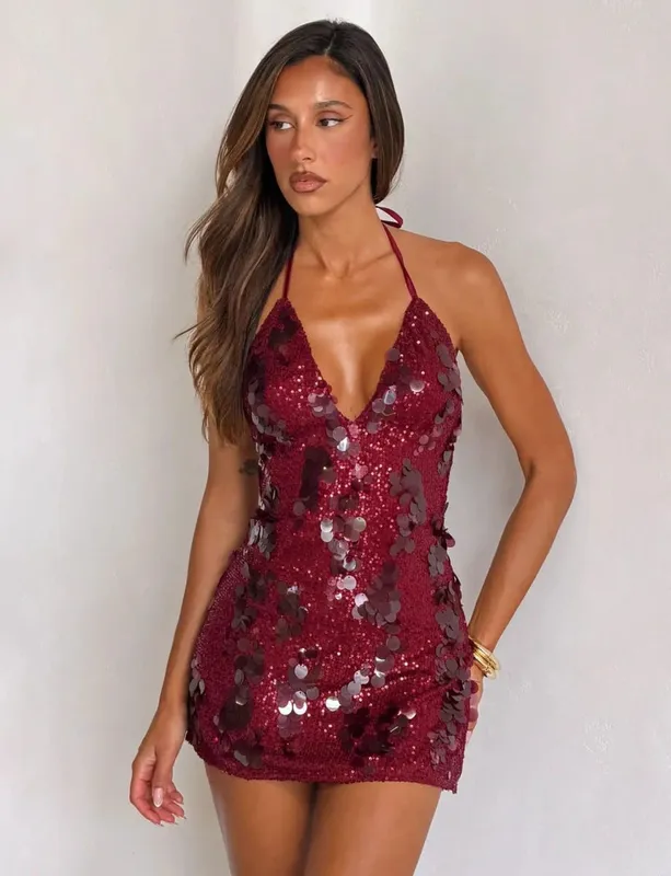Women Solid Sequin Mini Dress Halter Neck Deep V Neck Bodycon Sleeveless Sparkly Vestidos Formal Club Party Cocktail Dresses New