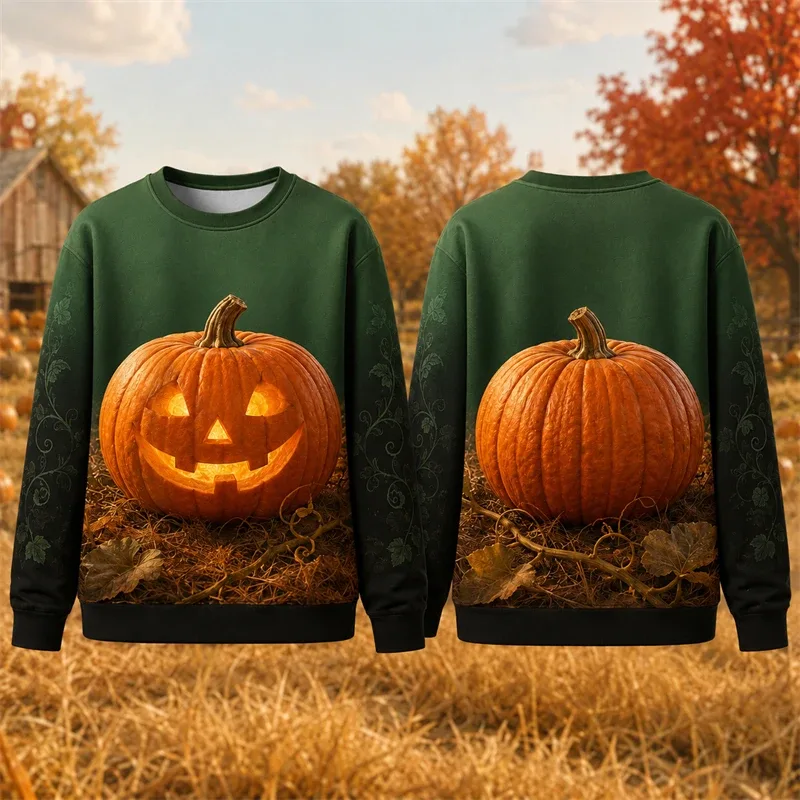 Autumn Winter Halloween Men Sweatshirt 3d Print Vintage Farm Pumpkin Lantern Pullover Sweatshirt Thanksgiving Party Unisex Top
