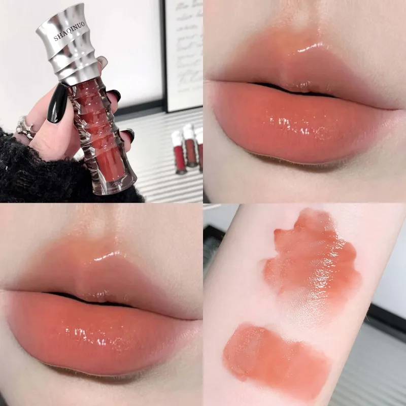 Crystal Punk Red-Brown Glossy Lip Stain Mirror Lip Glaze Sheer Nude Glitter Lip Tint Watery Shine Plumping Makeup Cosmetics
