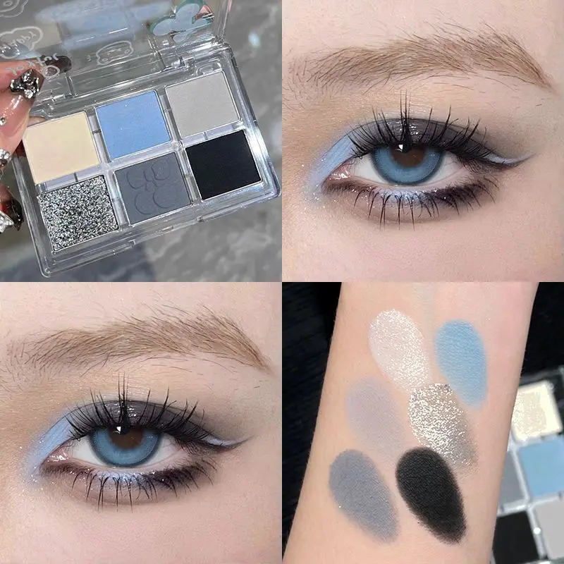 Matte Grey Blue Smoky Eye Shadow Palette 6-Color Glitter Silver Acrylic Eye Shadows Palette Long Lasting Eye Makeup Cosmetics