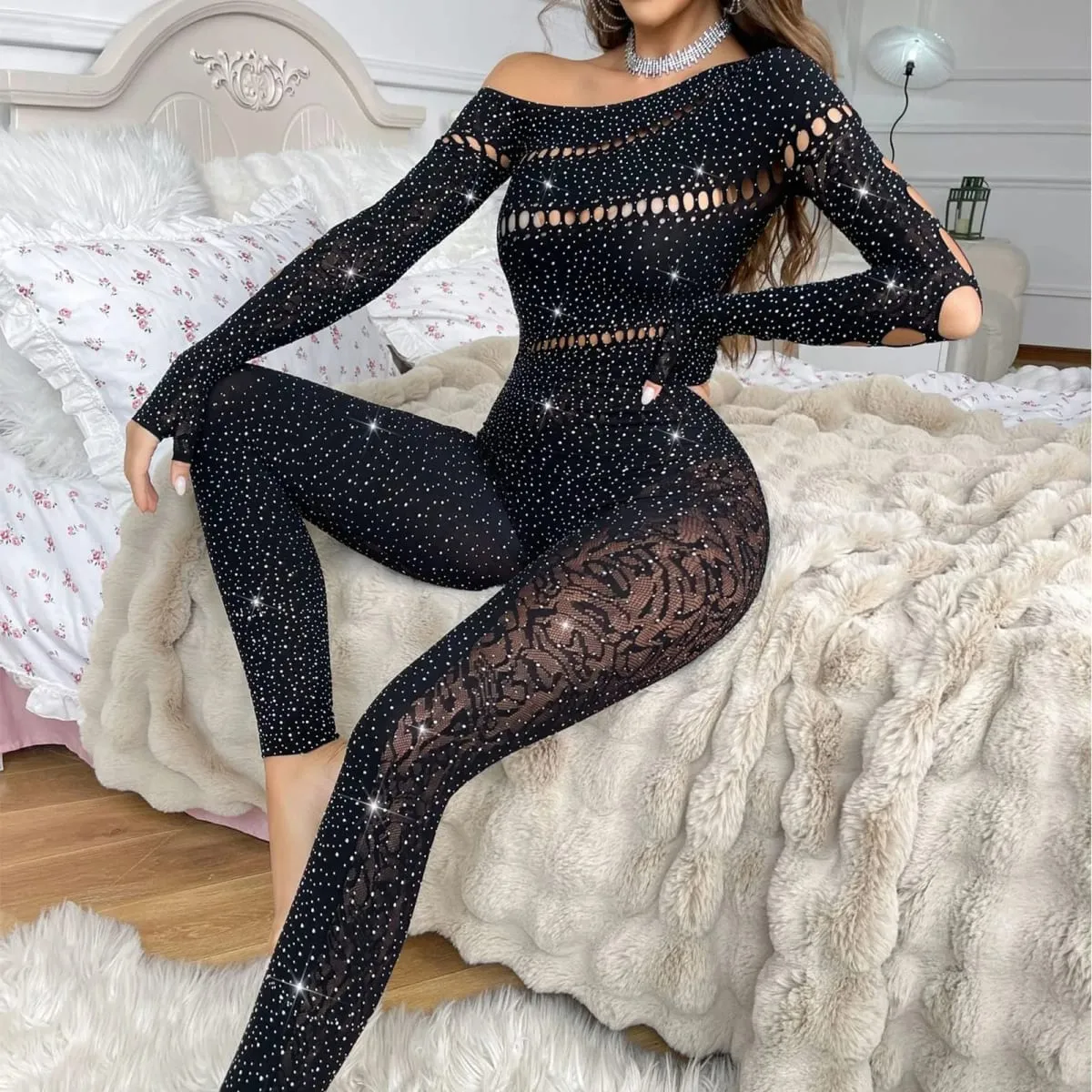 Women Sexy Mesh Rhinestone Jumpsuit Long