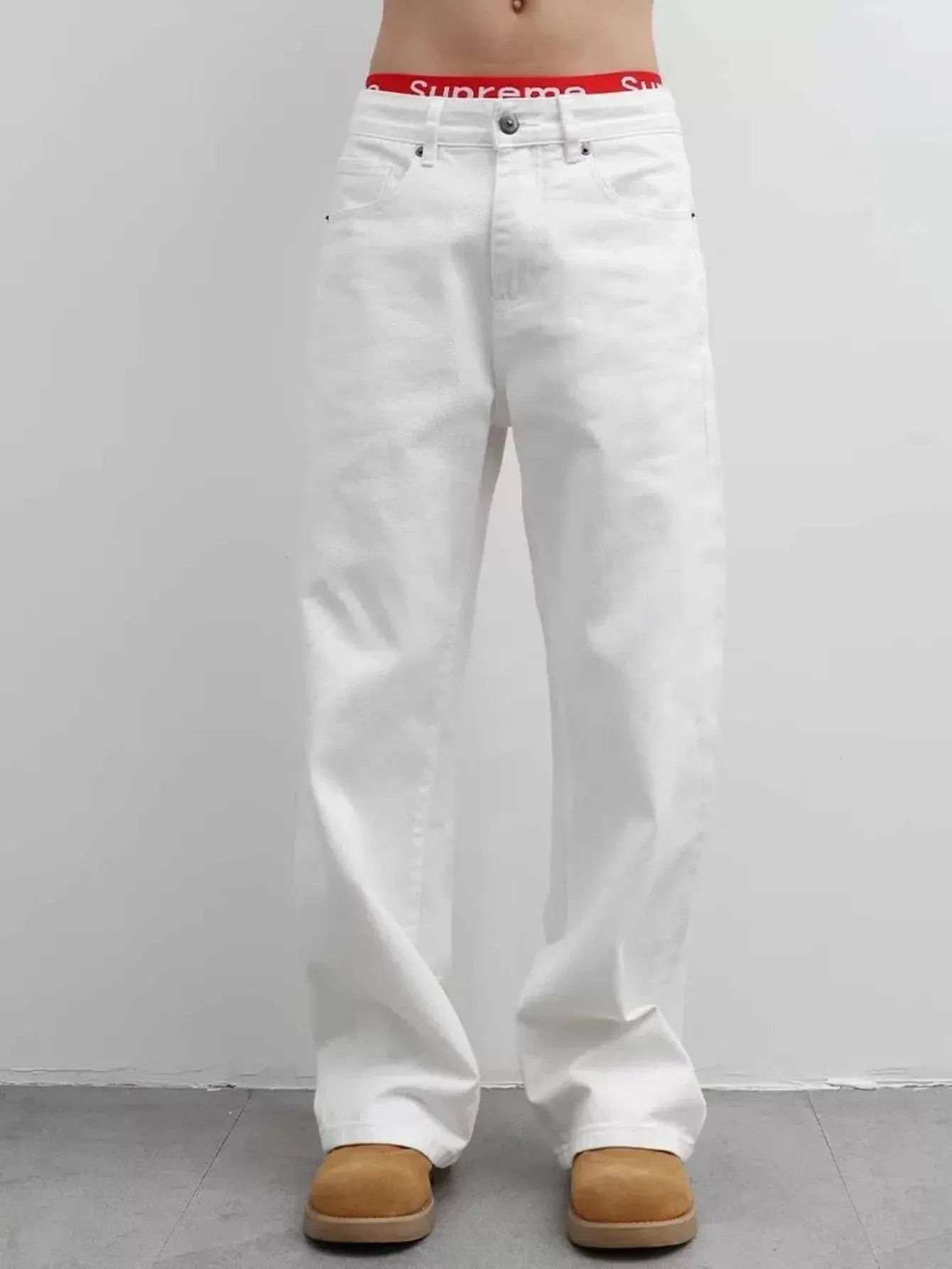 【HME】Men's Jeans | Street Fashion Denim Pants Solid White Flared‑Leg Denim Trousers With Fine Craft Stitching Versatile Casual Pants Well‑Built Denim Bottoms Trendy Male Denim Apparel For Multiple Daily Occasions — image 3