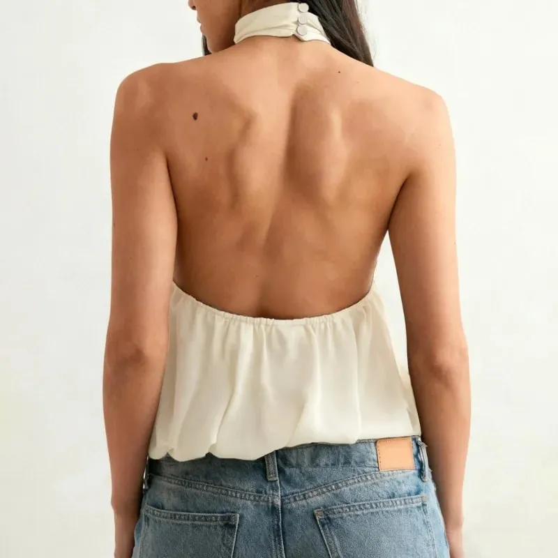Women Puffy Halter Top Bubble Hem Pleated Halterneck Tank Top Elegant Sexy Backless Going Out Crop Camisole