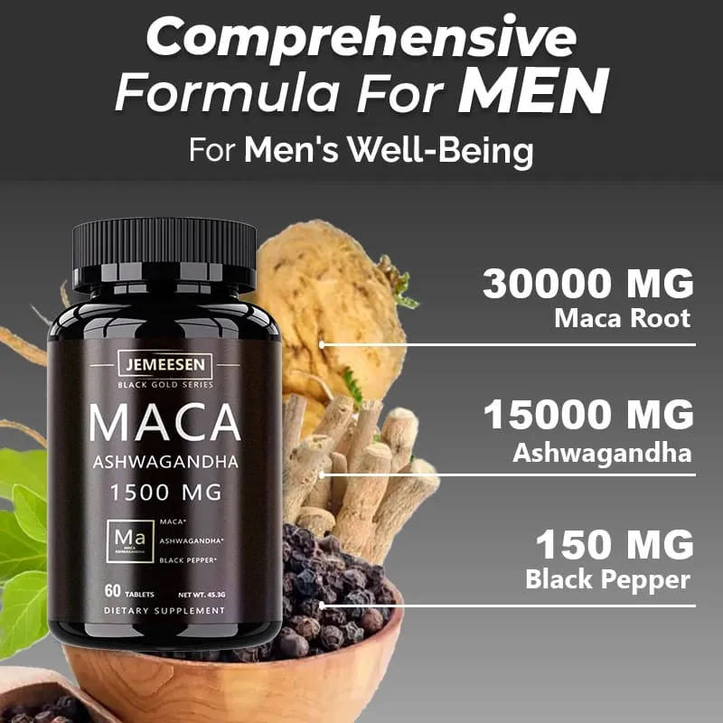 Capsules de poudre de racine de Maca biologique, 1500 mg, contenant de l'extrait de racine de Maca, suppléments de poivre noir Ashwagandha pour hommes