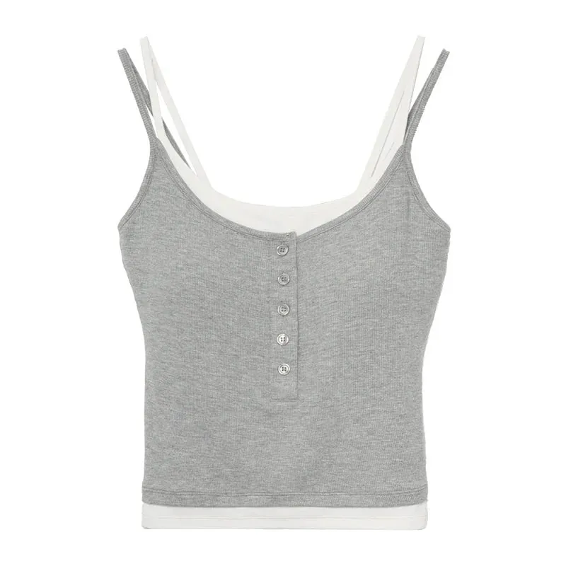 Spicy Girl Fake Two-piece Color Blocking Tank Top with Chest Pad Summer Spaghetti Strap Square Neck Button Casual Slim Fit Camis — image 8