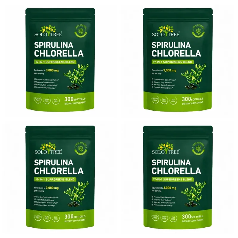 Gel Lembut Spirulina Chlorella Pokok Solo dengan Mikroalga Organik Vitamin B6 B12 Imbangan Penghadaman & Sokongan Imun 300 Gel Lembut