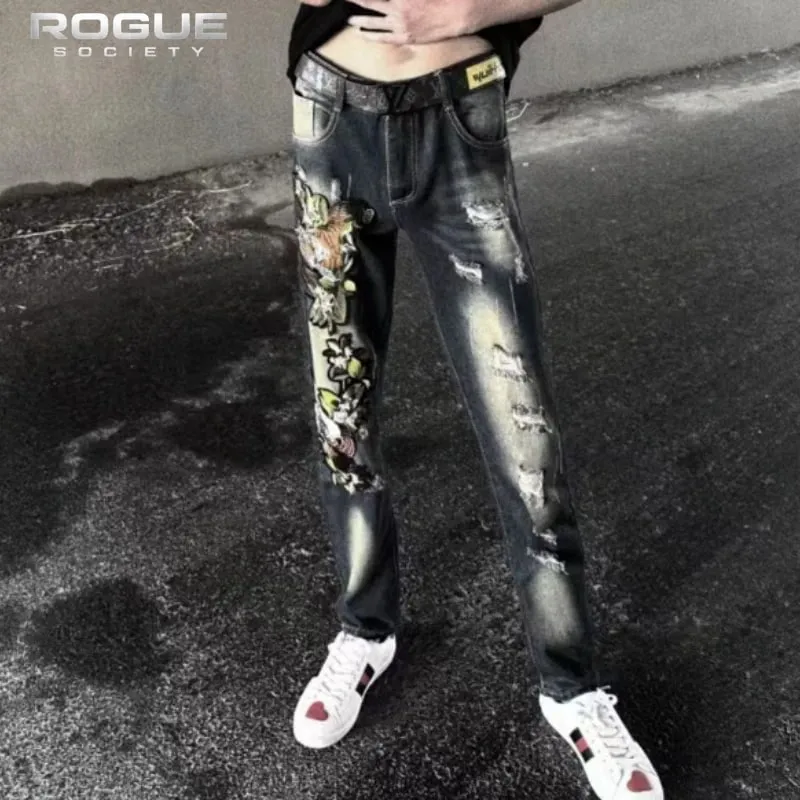 Y2K American High Street Embroidered Tiger Jeans Unisex Distressed Vintage Denim Trousers Streetwear Luxury Casual Harajuku New — image 3