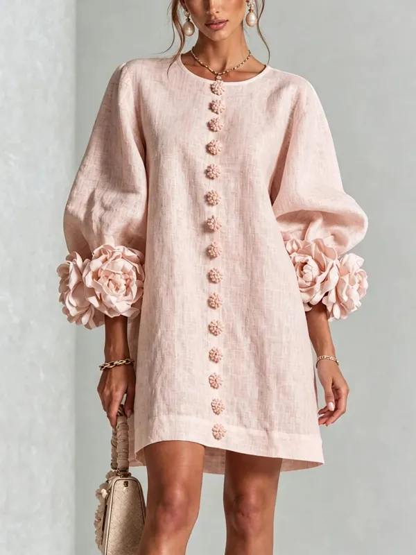 Women Spring Autumn 3D Flower Long Lantern Sleeve Cotton Linen Mini Dress Solid Crew Neck Loose Elegant Daily Wear Short Dress