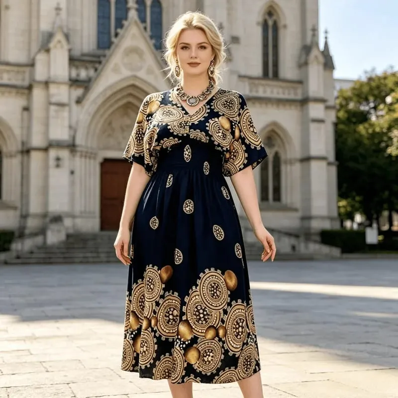 Boho Holiday Women V-Neck Batswing Short Sleeve A-Line Midi Dresses Slim Elastic Waist Casual Vintage Office Lady Elegance Dress — image 17