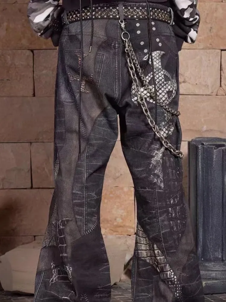 Men's Gothic Crocodile Snake Print Wide Leg Jeans Vintage Washed Denim Pants Streetwear Fashion Loose Straight Fit Trousers — image 3