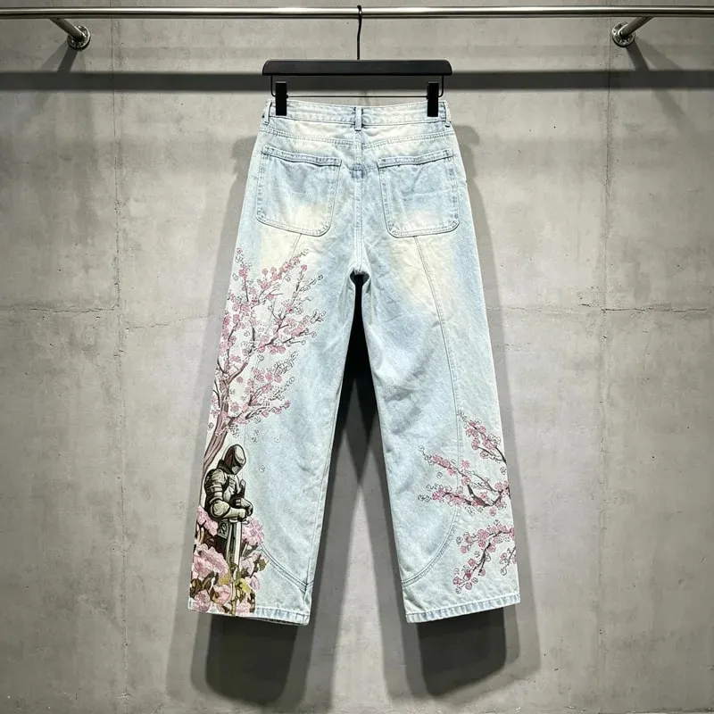 Blue Vescartes Cherry Blossom Knight Loose Straight Jeans High Quality Men Women Streetwear Fashion Denim Trousers Leather Label — image 9