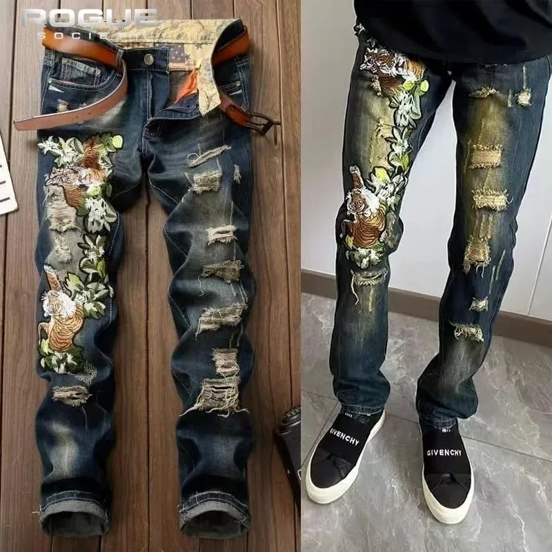 Y2K American High Street Embroidered Tiger Jeans Unisex Distressed Vintage Denim Trousers Streetwear Luxury Casual Harajuku New