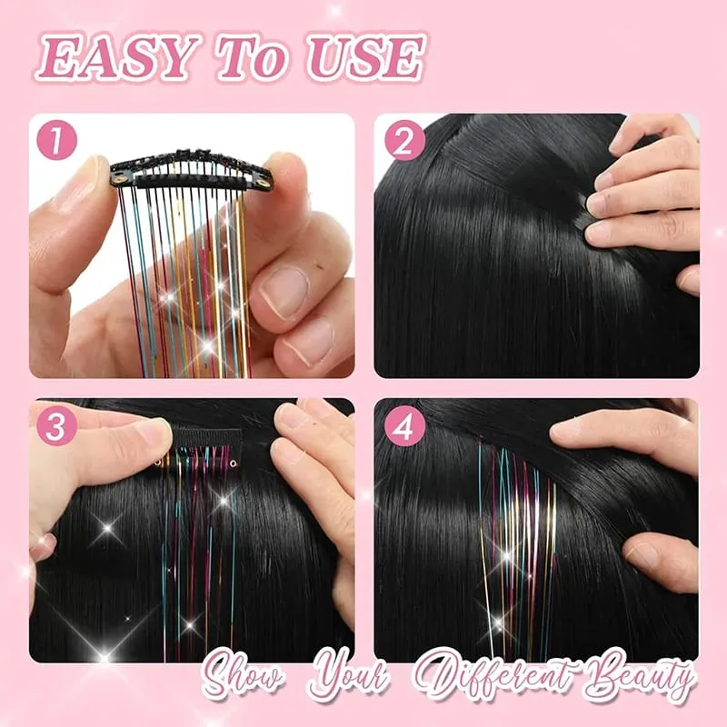 12Pcs Clip Hair Tinsel Clip in Glitter Tinsel Hair Extensions Synthetic Heat Resistant Shiny Sparkle Hair Tinsel for Women Girls