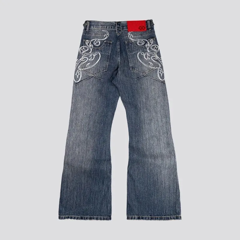 Y2k Blue Opening Bootcut Jeans Vintage Washed Embroidery Men Women Pants Harajuku High Street Streetwear Unisex Casual Jeans