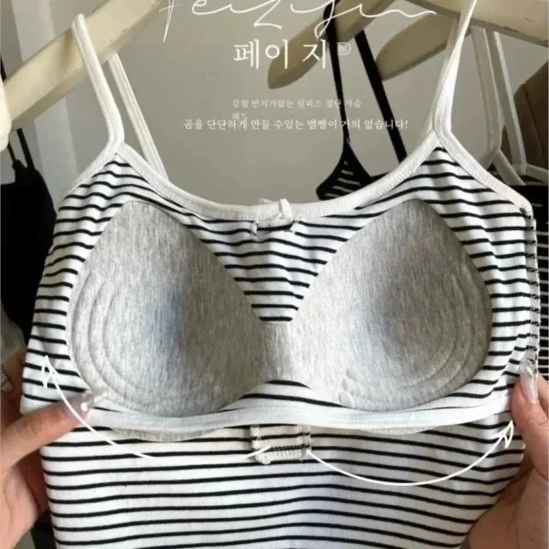Integrated Stripe Women's Vest Inner Wear Outer Wear Button Fixed Cup No Bra Sports Top Short Style Cotton 100% Short Vest