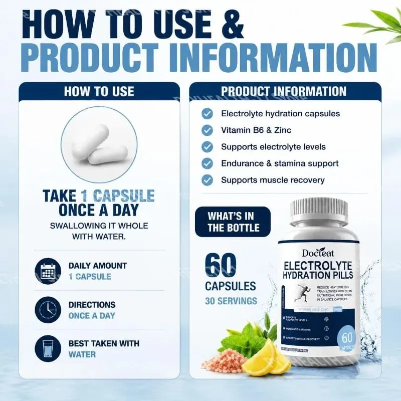 Electrolyte Hydration Capsules with Vitamin B6 & Zinc for Hydration Endurance & Muscle Recovery Support 60 Capsules