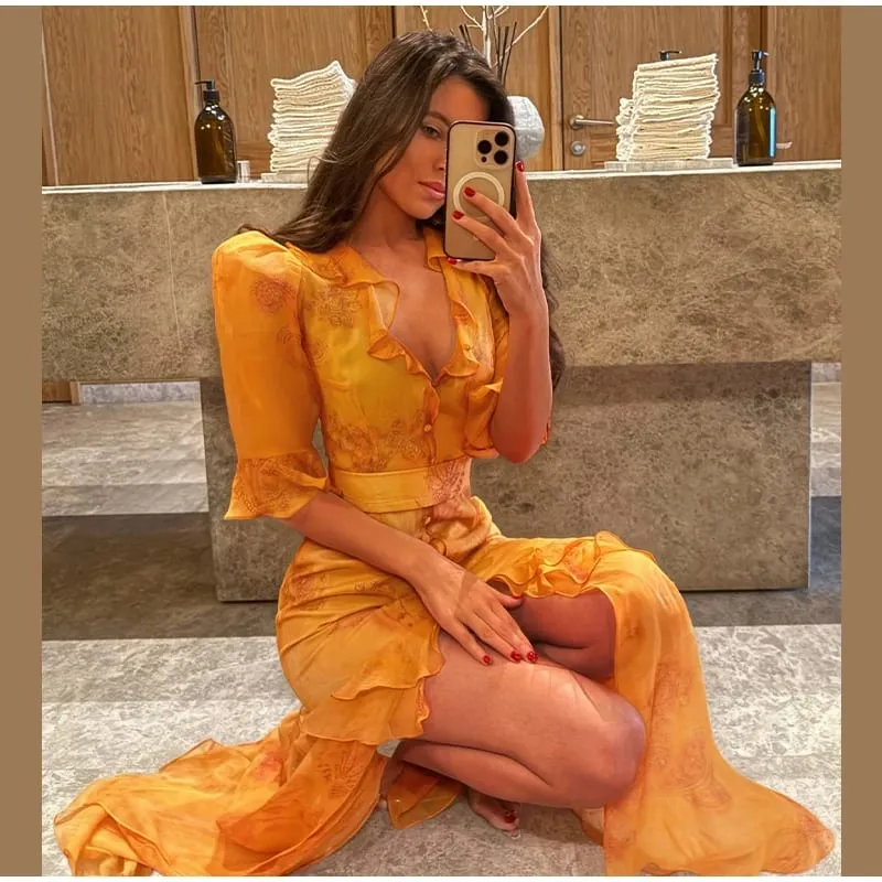 Floral Print Side Split V-Neck Mini Dresses Slim Fitwaist Cinching Puff Sleeve 2026 Summer Elegant Women Party Sweet Vestidos