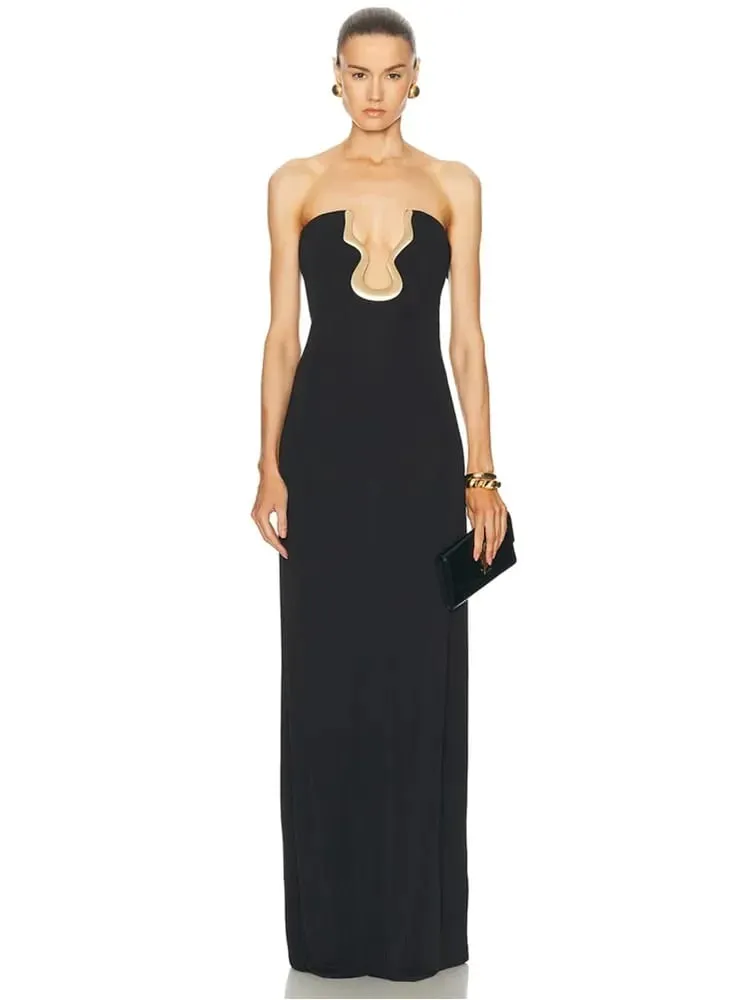 2025 Kvinder Berømthed Sexet Stropløs Rygløs Sort Maxi Lang Bodycon Bandagekjole Elegant aftenklub festoutfit